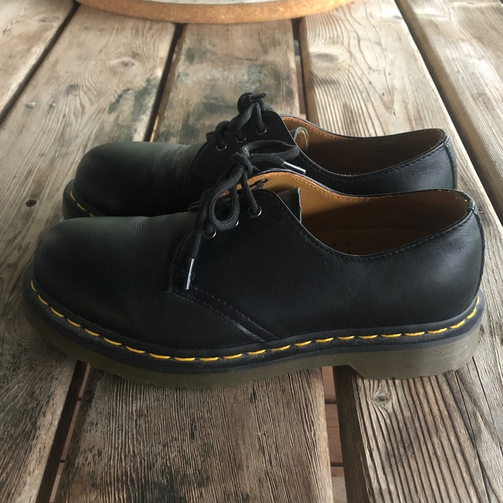 Dr. Martens Black Leather Oxfords with Yellow Stitching